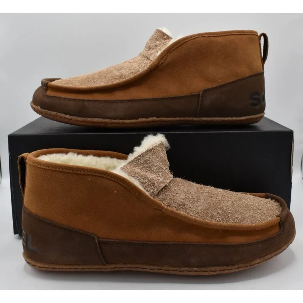 Sorel Mens Size 13 Manawan II Suede Elk‎ Brown Faux Fur Moc Slippers Shoes